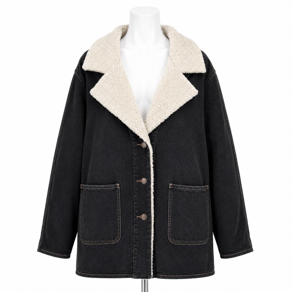 Diane Gilman DG2 Denim Jacket Women 1X Black Sherpa Lined Trucker Coat Button Up
